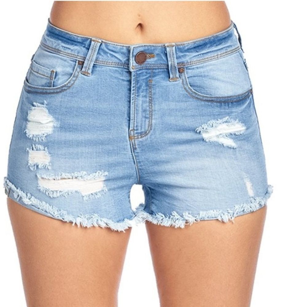 Distressed Light Wash High Waisted Frayed Hem Denim Shorts - Picture 5 of 9